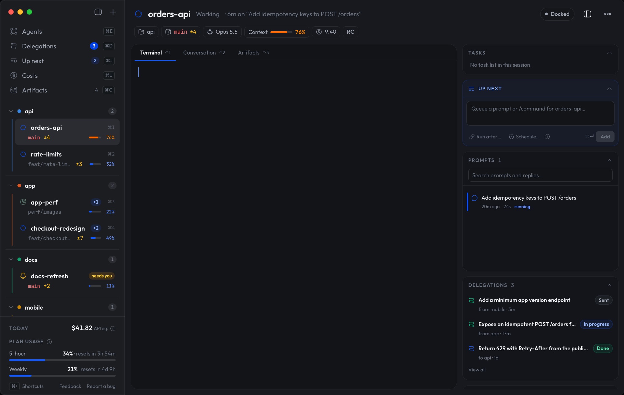 The orders-api agent's Claude Code terminal inside OpenAdmiral, running the migration
