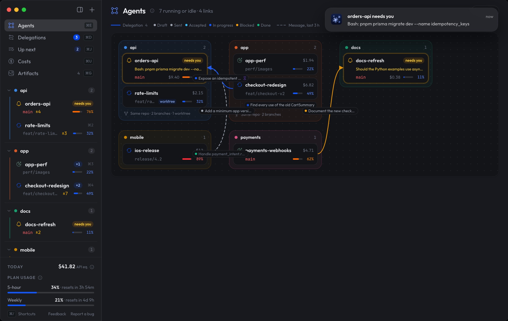 A macOS notification: orders-api needs you, waiting for permission to run a migration